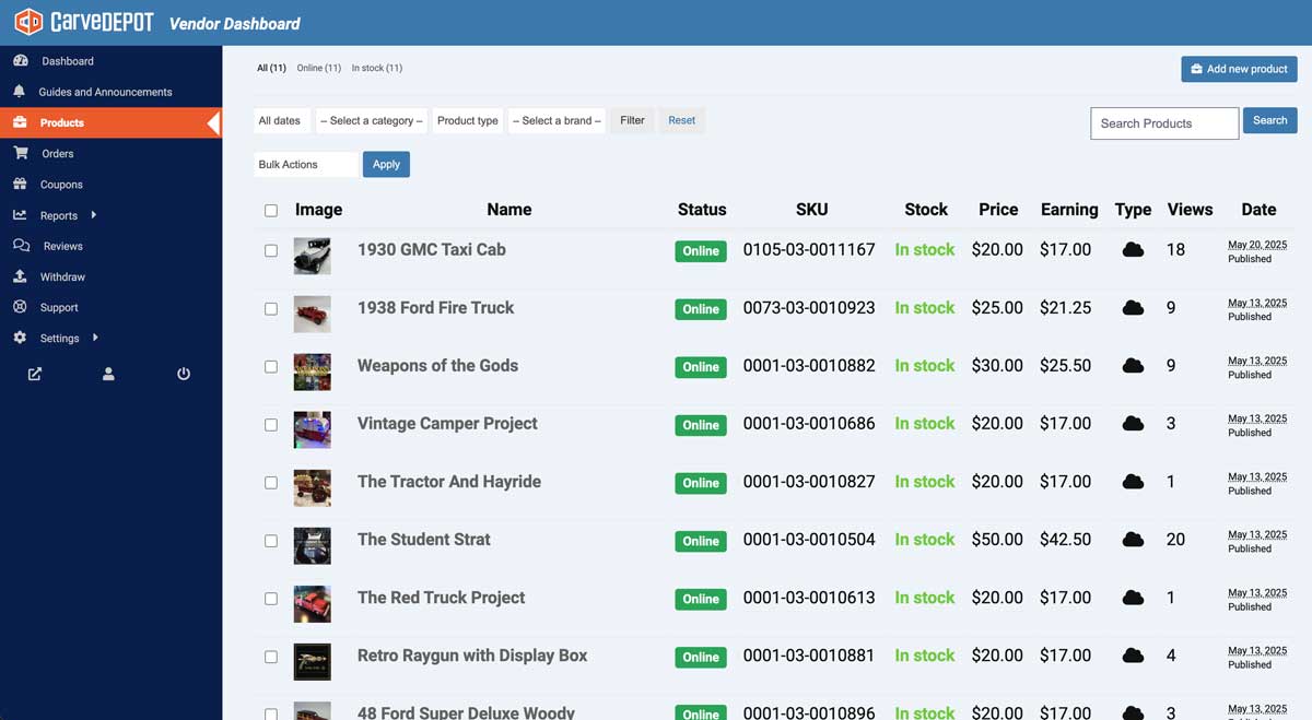 CarveDEPOT vendor dashboard showing carving projects for sale