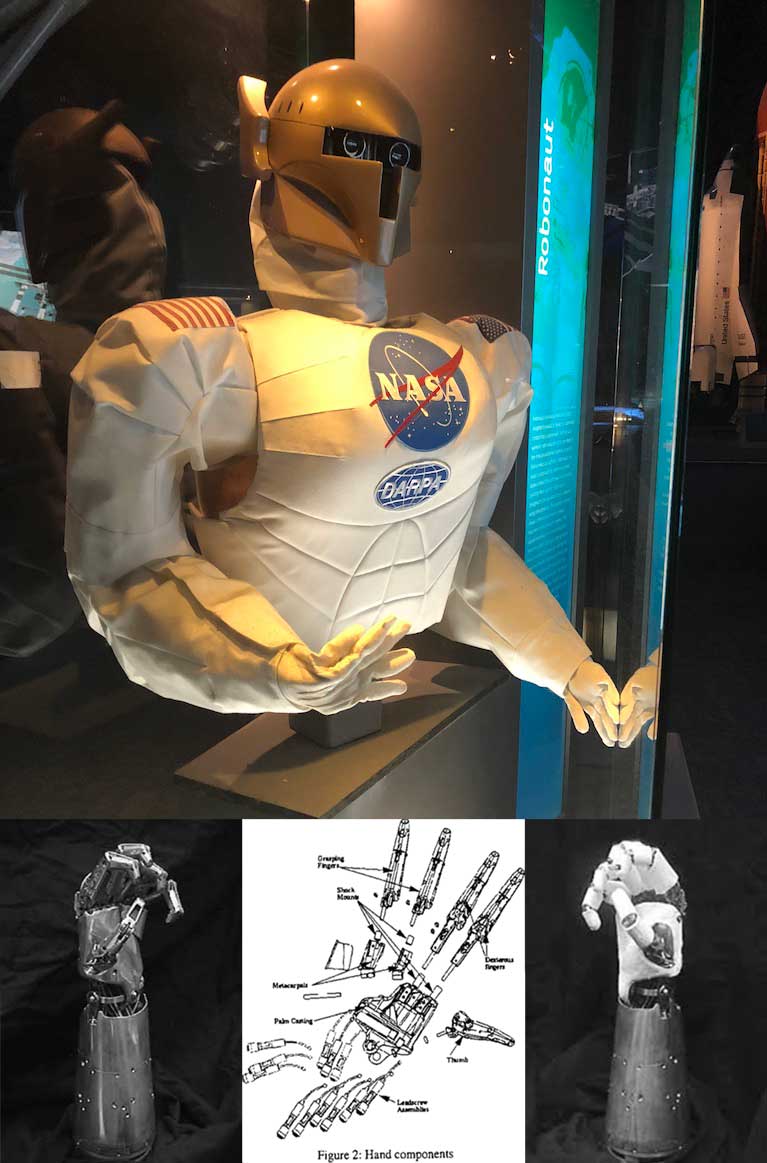 NASA's Robonaut on display, alongside the Robonaut dexterous hand design Chris Lovchik engineered